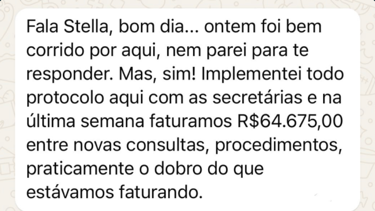Print de conversa no WhatsApp de um médico relatando faturamento de R$64.675,00 em uma semana após implementar o protocolo